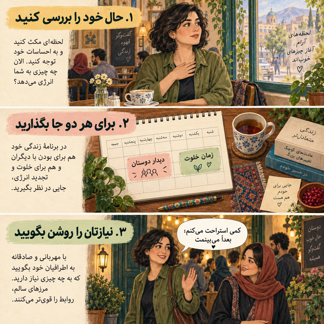سه گام تصویری برای تنظیم انرژی اجتماعی: توجه به حال خود، جا دادن جمع و خلوت در برنامه و بیان نیاز به استراحت