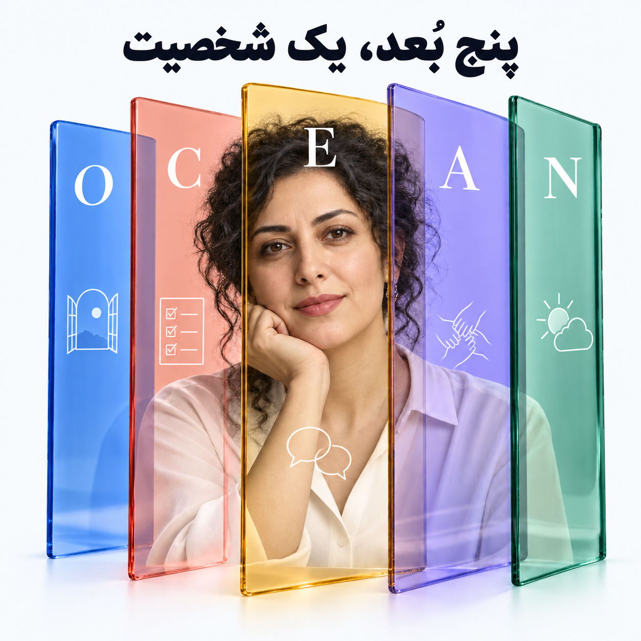 پرتره مفهومی زن ایرانی با پنج صفحه رنگی OCEAN برای نمایش پنج بُعد شخصیت در یک فرد
