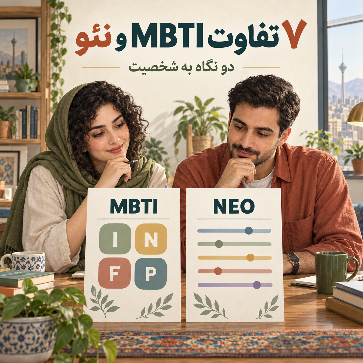 دو فرد ایرانی در حال مقایسه گزارش تیپ شخصیتی MBTI با نمودار پنج عامل نئو