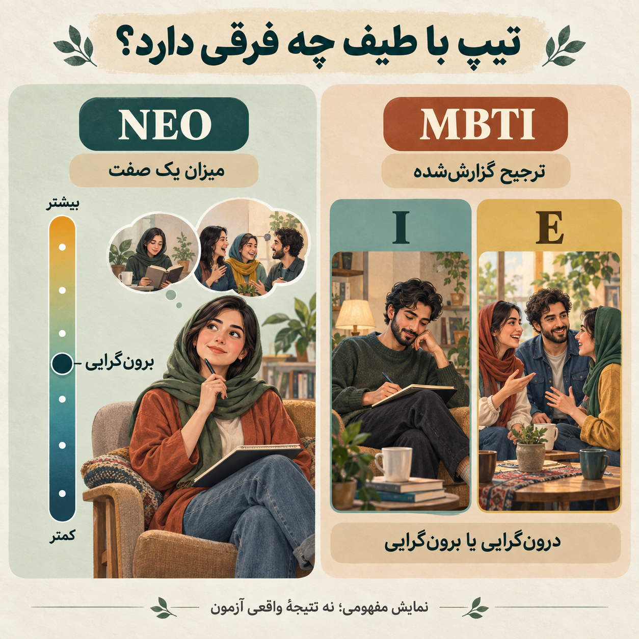 مقایسه ترجیح درون‌گرایی یا برون‌گرایی در MBTI با میزان برون‌گرایی روی طیف در نئو؛ نمایش مفهومی