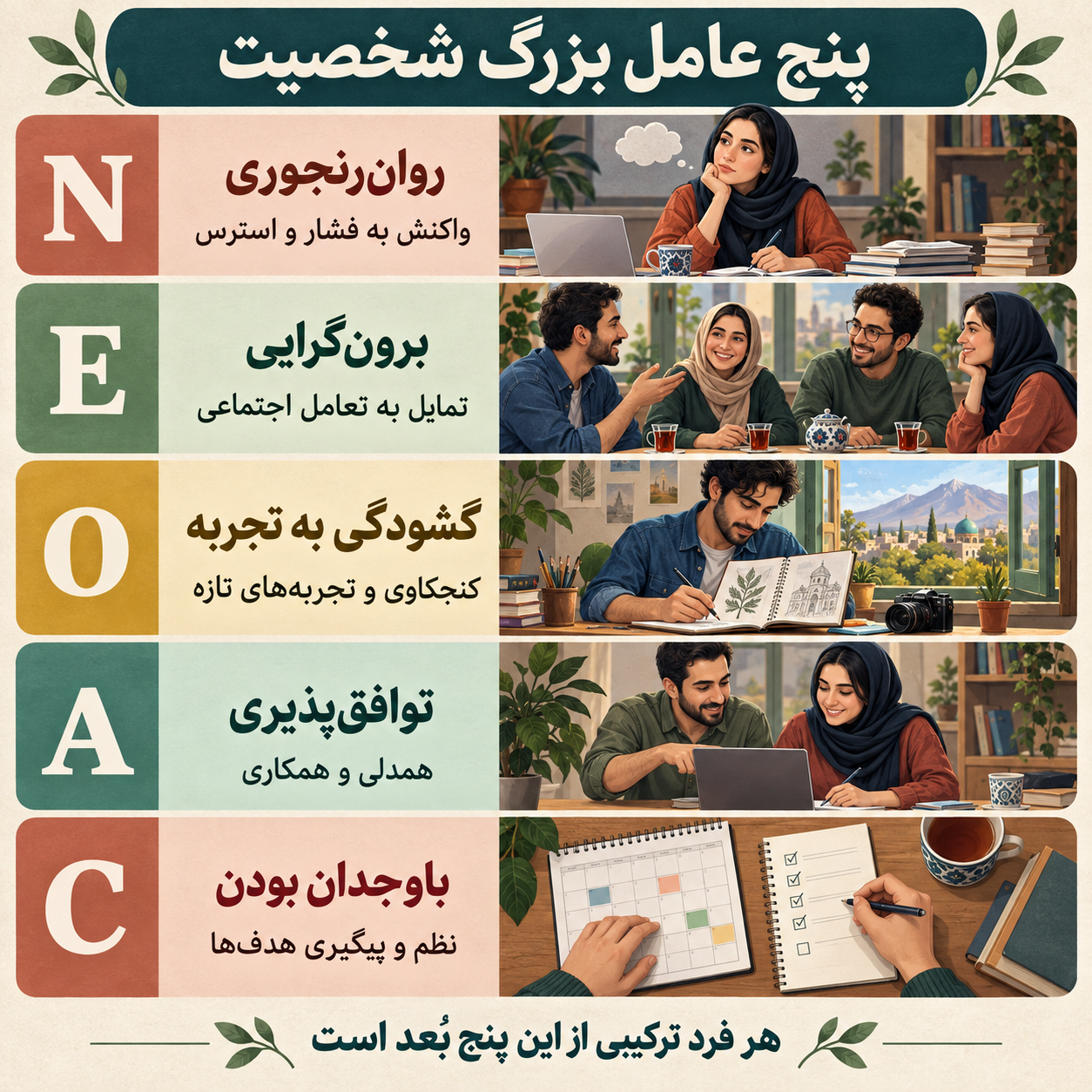 معرفی تصویری پنج عامل نئو: روان‌رنجوری، برون‌گرایی، گشودگی به تجربه، توافق‌پذیری و باوجدان بودن