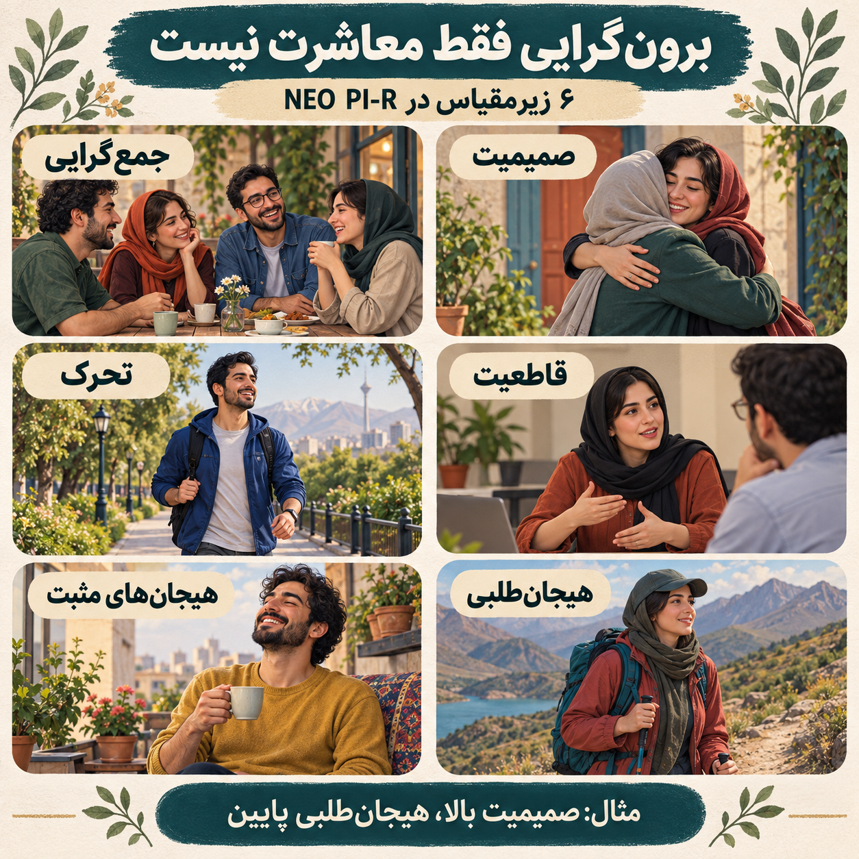 شش زیرمقیاس برون‌گرایی در NEO PI-R: صمیمیت، جمع‌گرایی، قاطعیت، تحرک، هیجان‌طلبی و هیجان‌های مثبت