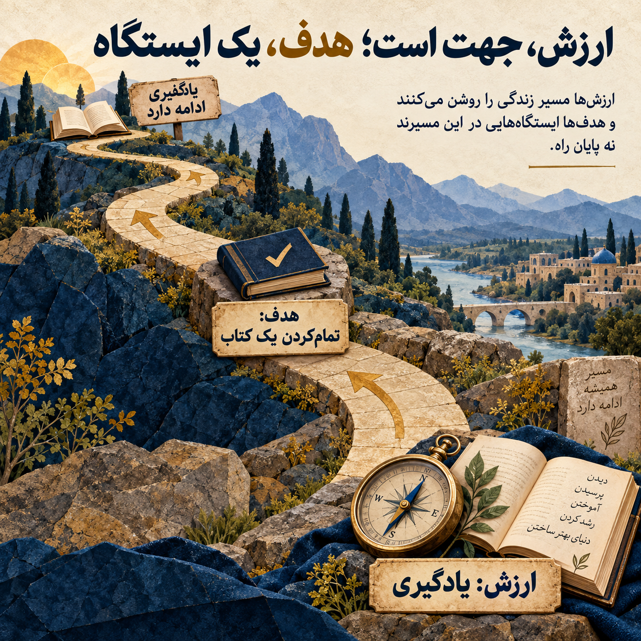یادگیری به‌عنوان جهت مداوم زندگی و تمام کردن یک کتاب به‌عنوان هدف مشخص در طول مسیر