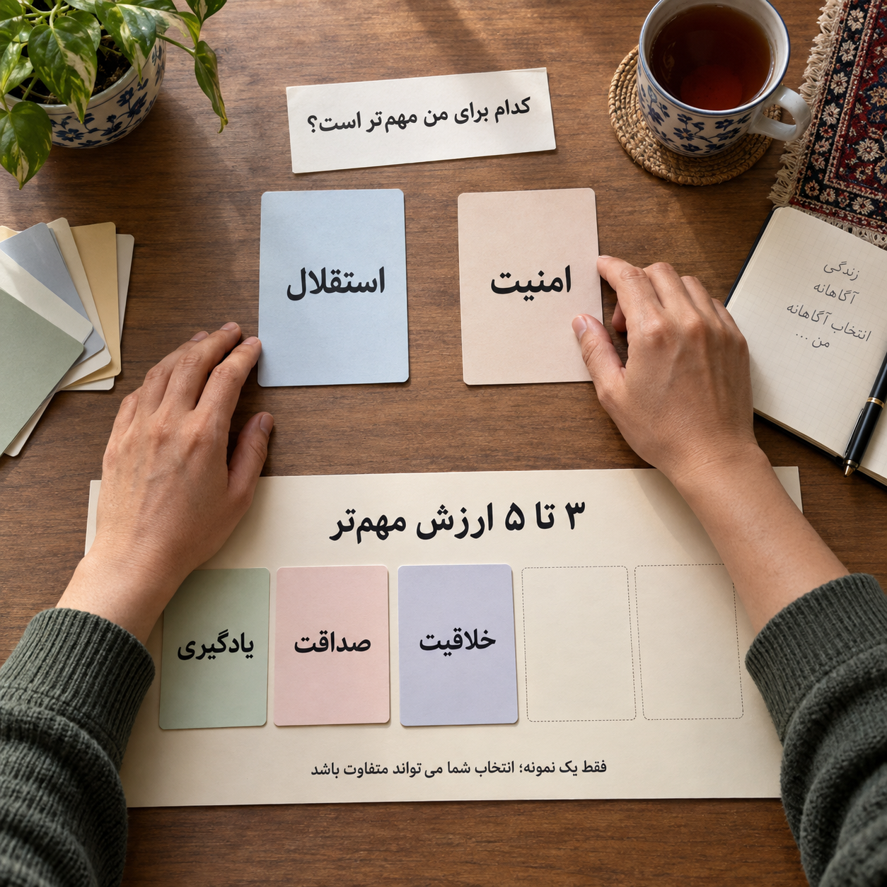 تمرین انتخاب سه تا پنج ارزش مهم‌تر از میان کارت‌های ارزش و مقایسه دو گزینه براساس اهمیت شخصی
